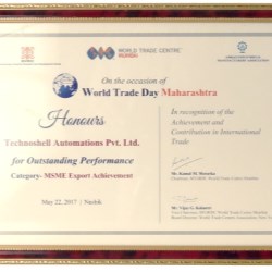 Outstanding Performance Award 2017 (Category - MSME Export Achievement) by World Trade Centre (Mumbai) and Ambad Industries and Manufacturers Association (AIMA)